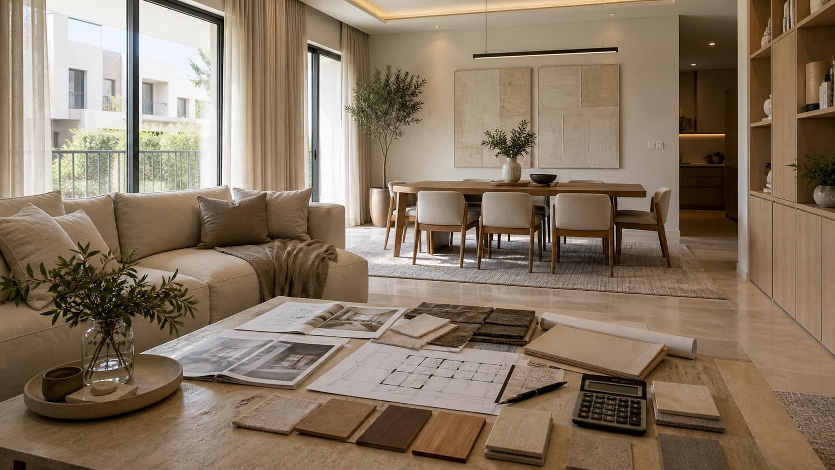 Dubai townhouse living and dining room with floor plans, material samples, and a calculator for interior design budget planning.