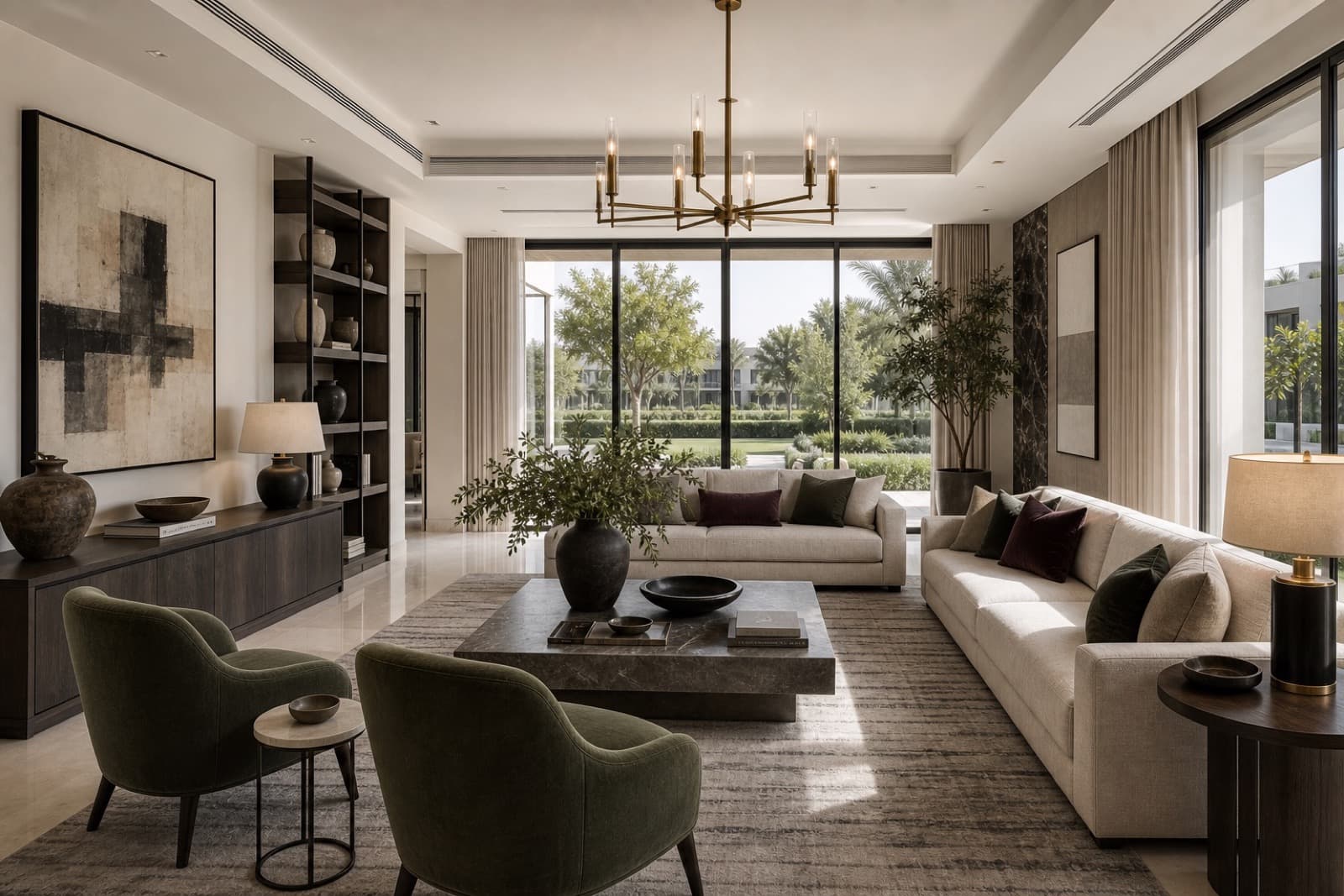 A family home in Dubai Hills in Dubai Hills Estate — hero living space with the project's material palette carried through.