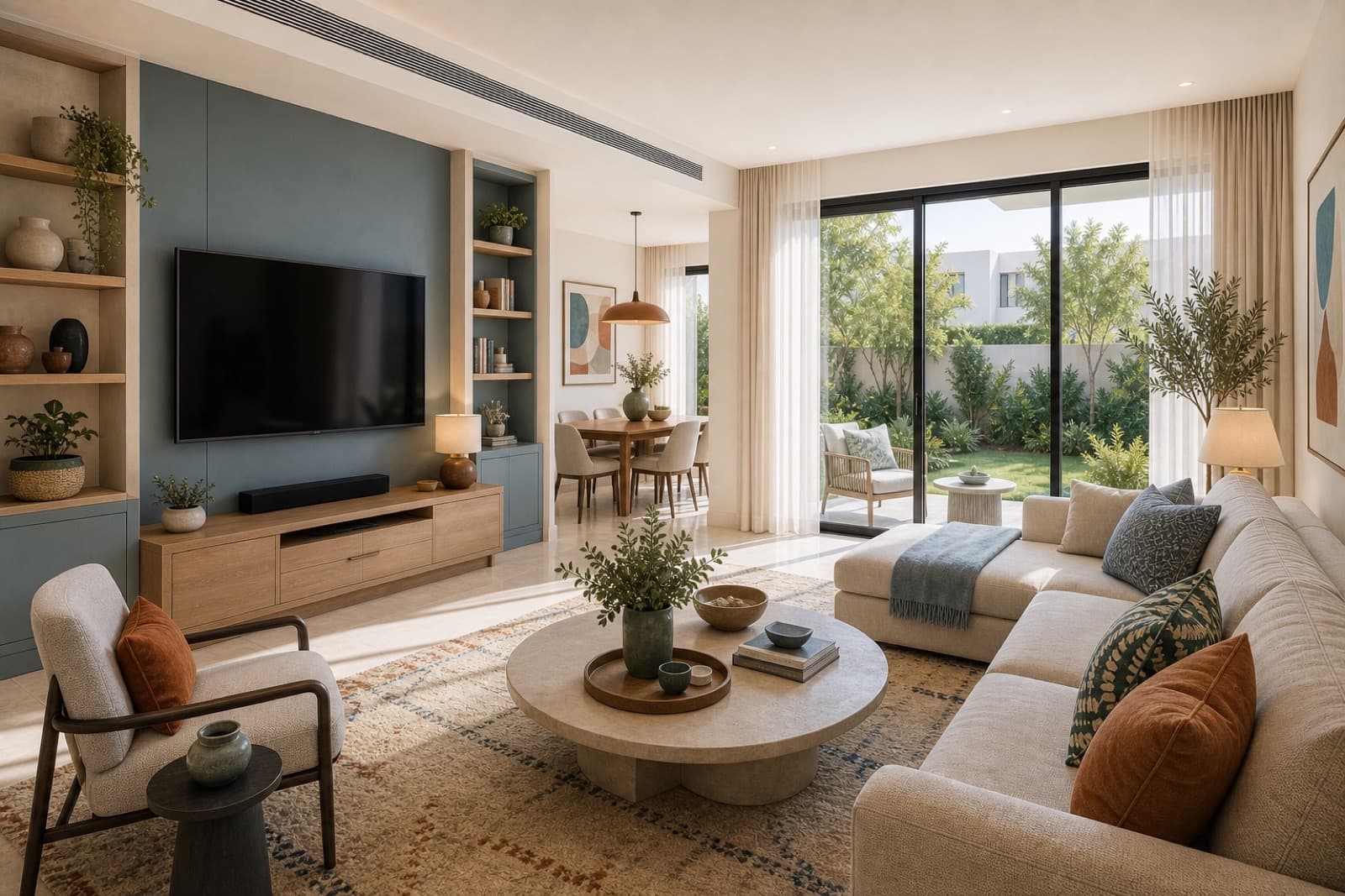 A family home in The Valley in The Valley — hero living space with the project's material palette carried through.