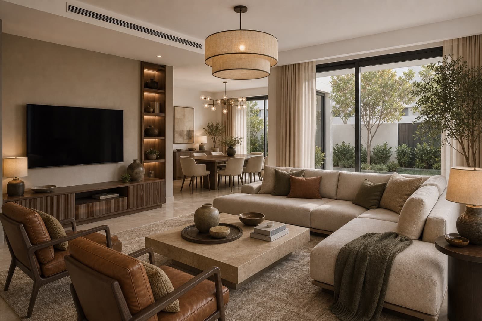A townhouse in Arabian Ranches 3 in Arabian Ranches 3 — hero living space with the project's material palette carried through.