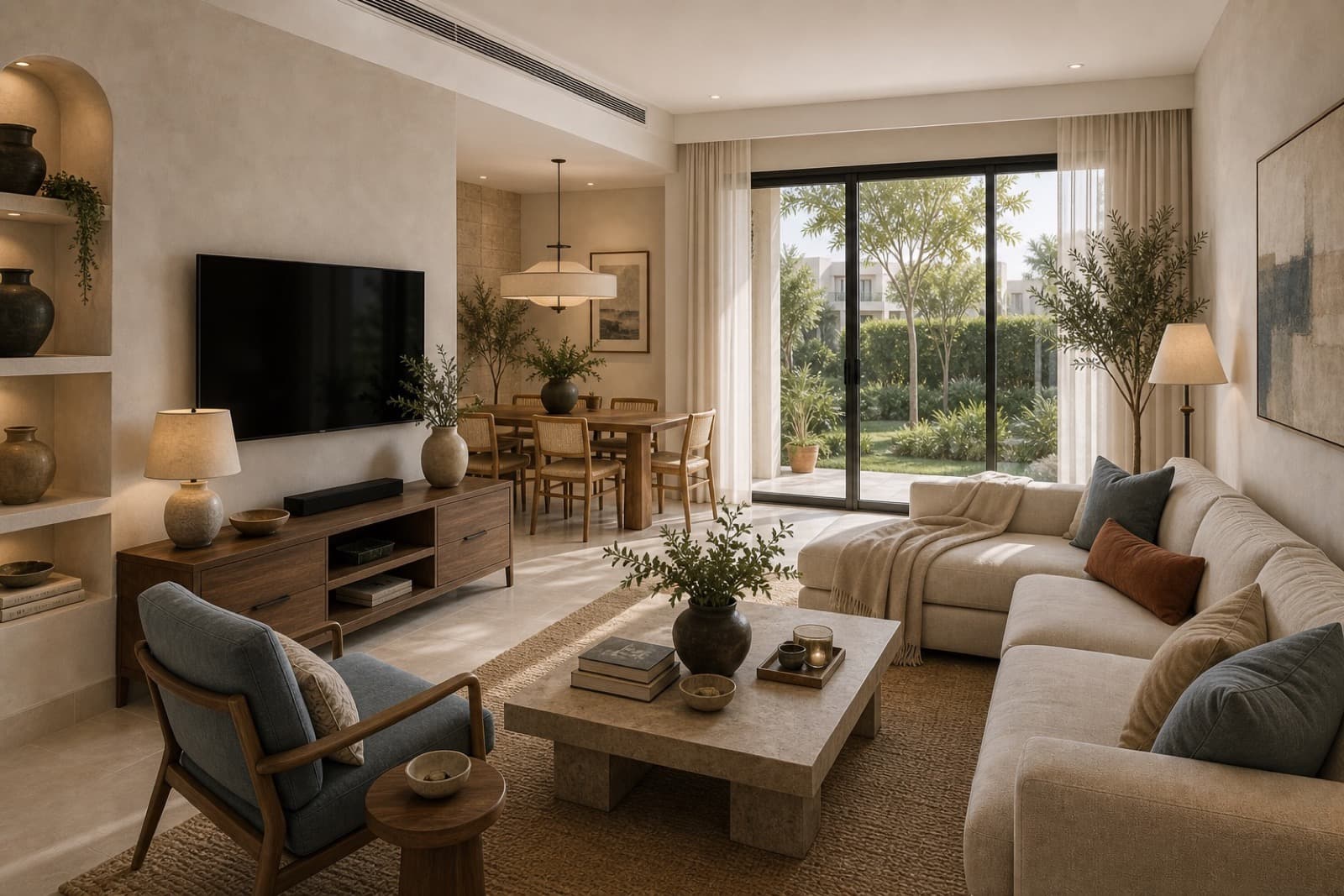 A townhouse in Mudon in Mudon — hero living space with the project's material palette carried through.