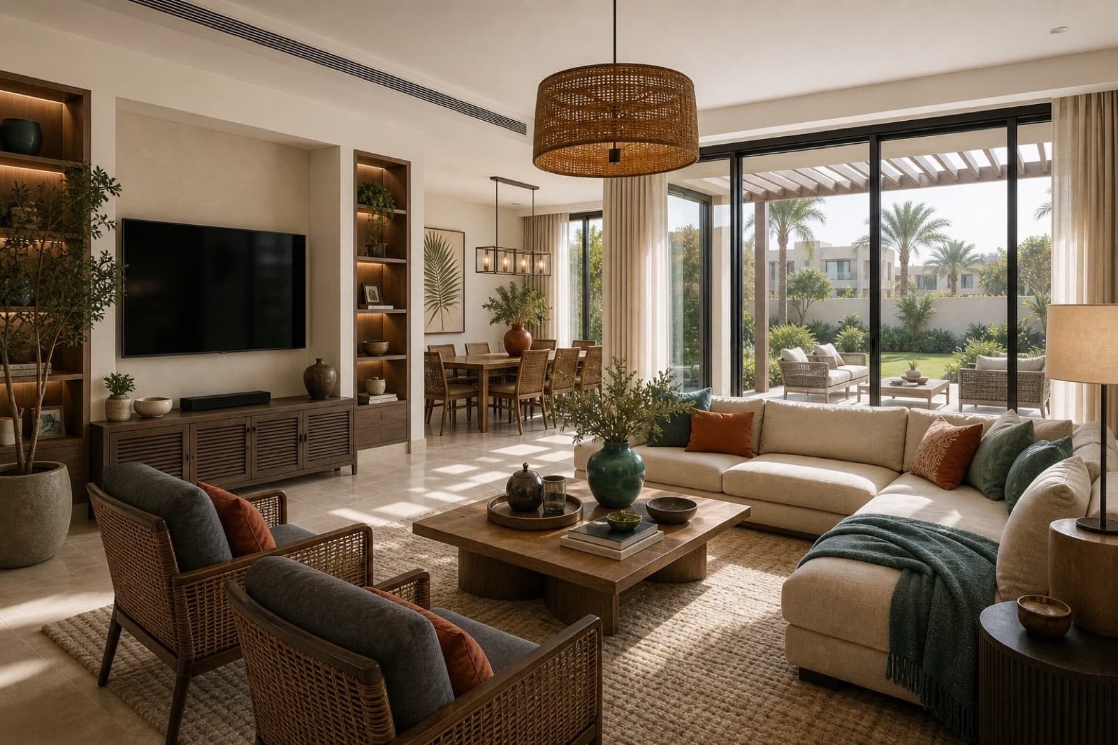 A villa in DAMAC Hills 2 in DAMAC Hills 2 — hero living space with the project's material palette carried through.