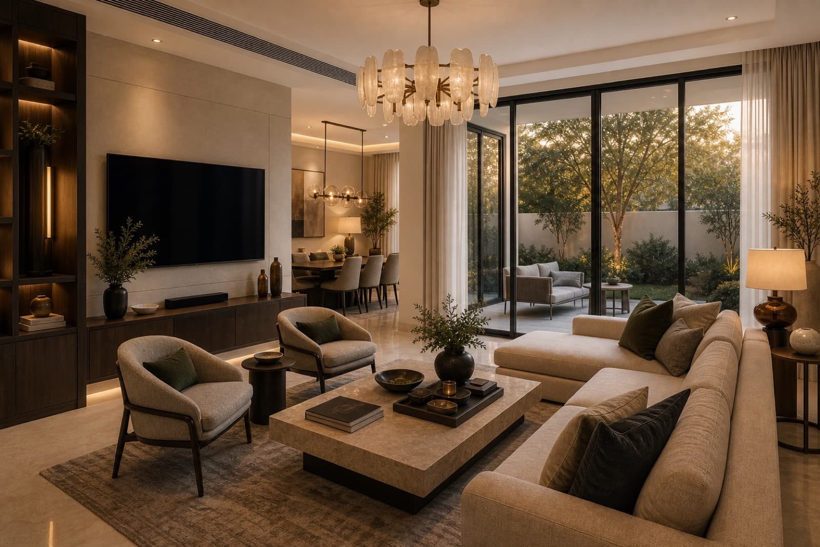 A villa in Murooj Al Furjan in Murooj Al Furjan — hero living space with the project's material palette carried through.
