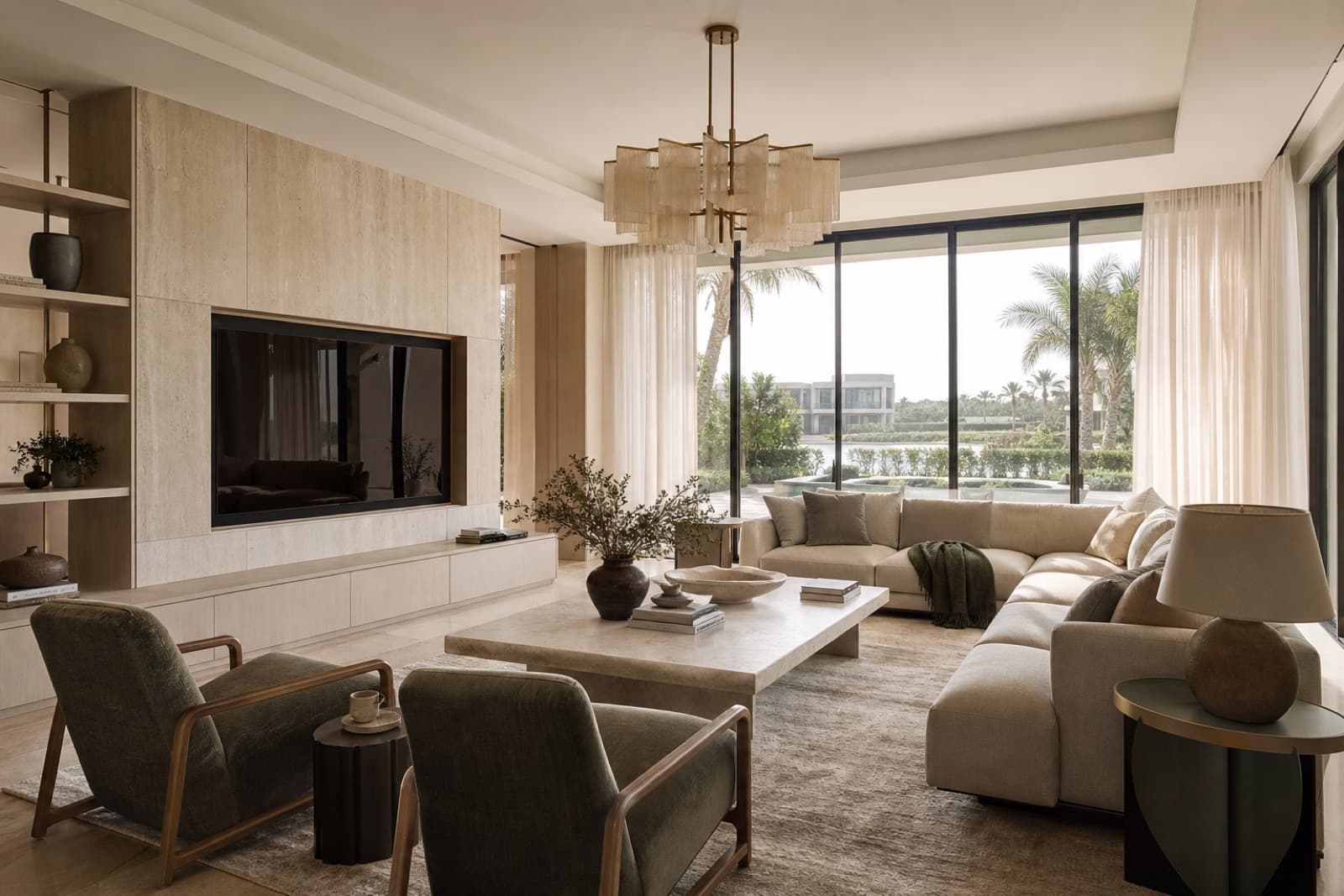 A villa in Tilal Al Ghaf in Tilal Al Ghaf — hero living space with the project's material palette carried through.